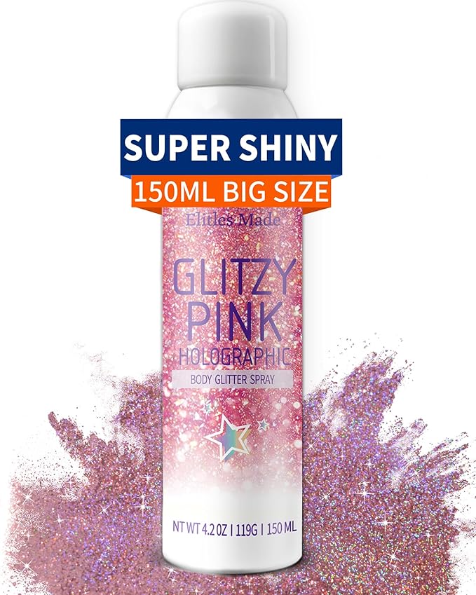 Body Glitte Spray, 150ML Pink Glitter Spray for Hair and Body, Long-Lasting and Quick-Drying Holographic Glitter Hairspray for Kids Women, Body Shimmer Festival Rave and Makeup 4.2 Fl Oz
