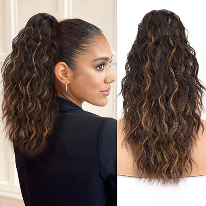 ORSUNCER Ponytail Extension Claw 18" Curly Pony Tail Clip in Hair Extensions Fluffy Natural Looking Synthetic Hairpiece for Women Brown with Blonde Highlights