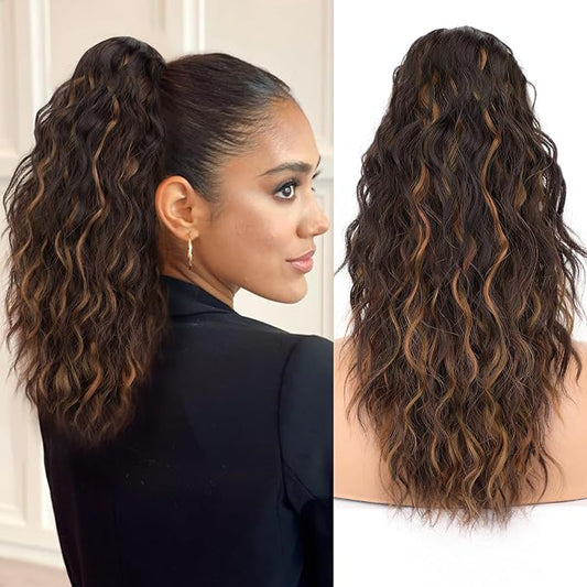 ORSUNCER Ponytail Extension Claw 18" Curly Pony Tail Clip in Hair Extensions Fluffy Natural Looking Synthetic Hairpiece for Women Brown with Blonde Highlights
