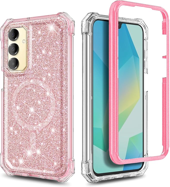 Designed for Samsung Galaxy A16 5G/4G Phone Case, Magnetic Compatible with MagSafe, [Raised Corners Drop Protection] Shockproof Protective Bumper Cover (Glitter Rose Gold)