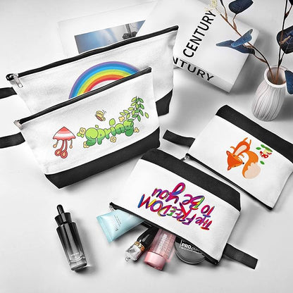 10 Pieces Cotton Canvas Makeup Bag with Bottom and Strap, Multi-Purpose Cosmetic Bag with Zipper Travel Toiletry Pouch, Blank DIY Craft Bag (White&Black, M)