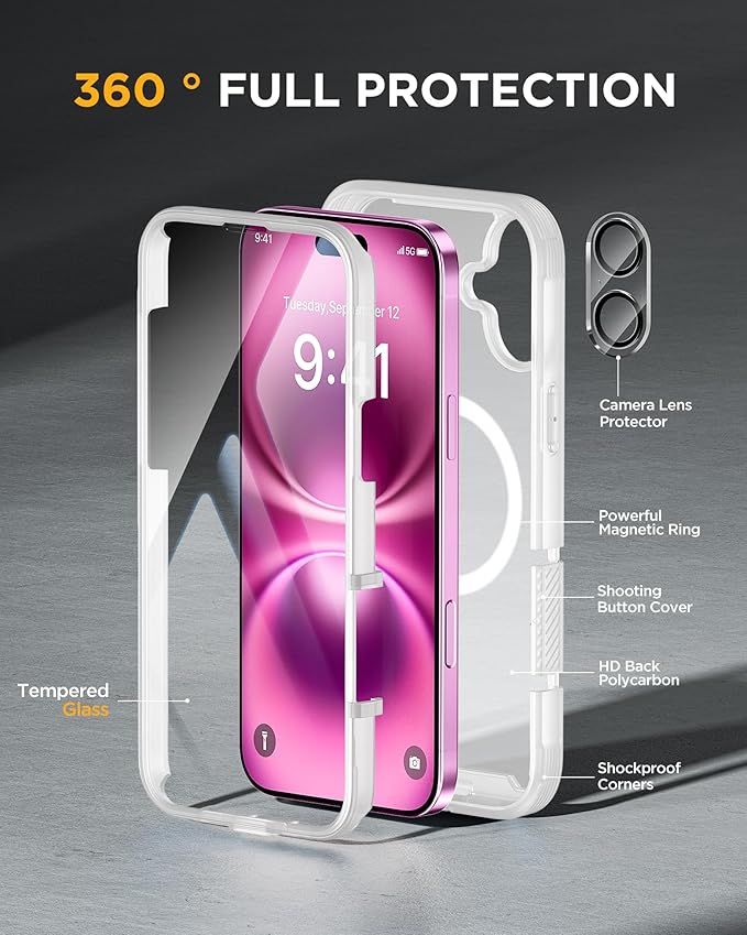 Miracase Magnetic for iPhone 16 Plus Case Full-Body Phone with Built-in Glass Screen Protector, [Compatible with MagSafe] Military Drop Proof 16 Plus Cover Bumper 6.7 inch, Matte Clear