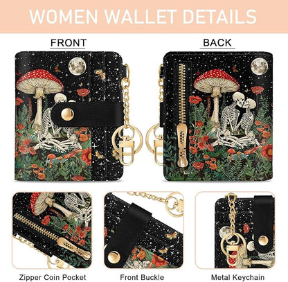 Mushroom Skull Rfid Ladies Wallet, Small Slim Thin Compact Credit Card Women Wallet, Skeleton Goth Horror PU Leather Bifold Zipper Coin Pocket for Female