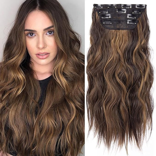 4PCS Clip in Hair Extensions for Women Brown Highlighted Caramel Blonde Long Wavy Thick Hair Extensions Clip in Double Weft Hair Extension for Daliy Use (4pcs, 20Inch, H2/426#)