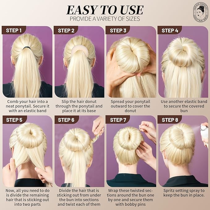 Teenitor Hair Bun Maker Kit, 4pcs Medium Size Donut Bun Maker, 10pcs 50cm Invisible Hair Nets, 10pcs 6cm Hair Bobby Pins, Hair Bun Shaper Set, Beige