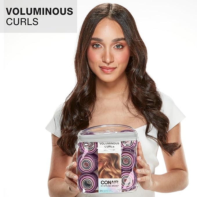 Conair Heatless Curls Hair Roller - 31 Count, Assorted sizes & Colors - Pink, Gray & Purple - Overnight Curl Rollers w/storage case