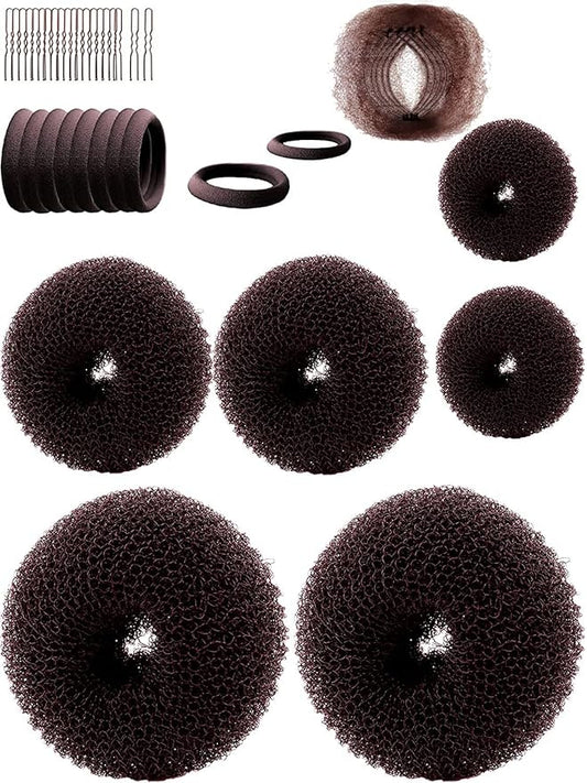 Hair Bun Maker (37 Count, 3.5 inches Large, 3 inches Medium, 2 inches Small, Brown) - Hair Doughnut Shaper for Girls