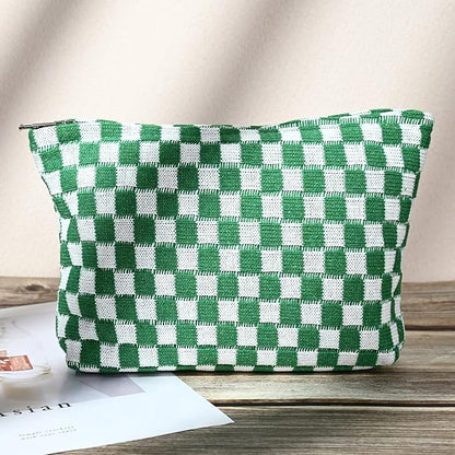 2 Pieces Makeup Bag Large Checkered Cosmetic Bag Capacity Canvas Mix Travel Toiletry Bag Organizer Cute Makeup Brushes Aesthetic Accessories Storage Bag for Women, Checkered Mix Green