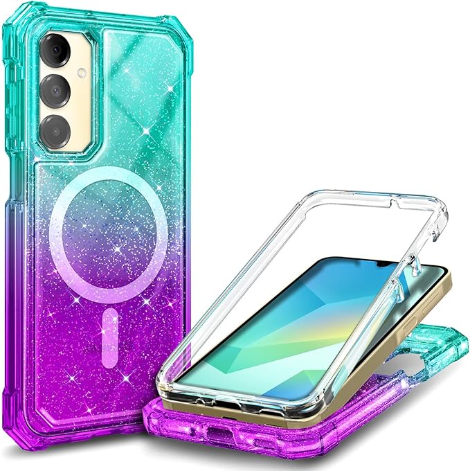 Designed for Samsung Galaxy A16 5G/4G Phone Case, Magnetic Compatible with MagSafe, [Raised Corners Drop Protection] Shockproof Protective Bumper Cover (Glitter Aqua/Purple)