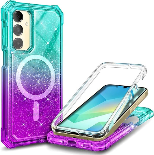 Designed for Samsung Galaxy A16 5G/4G Phone Case, Magnetic Compatible with MagSafe, [Raised Corners Drop Protection] Shockproof Protective Bumper Cover (Glitter Aqua/Purple)