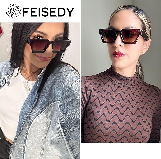 FEISEDY Retro 90s Square Sunglasses for Women Men Trendy Chunky Rectangle Sunglasses UV400 Protection B2385