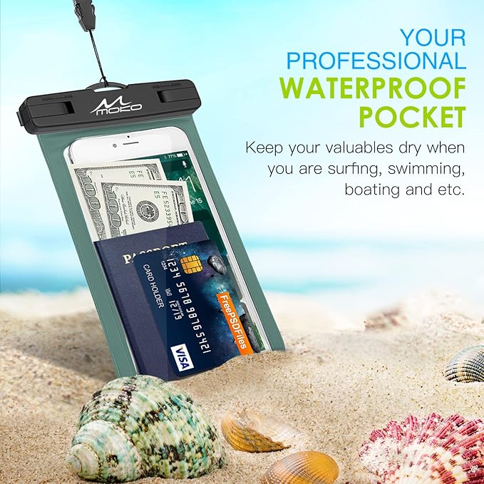 MoKo Waterproof Phone Pouch Holder, Underwater Cellphone Case Dry Bag with Lanyard Armband Compatible with iPhone 16 15 14 13 12 11 Pro Max X/Xr/Xs Max/SE 3, Samsung S24/S23/S21/S20/S10/S9, Army Green
