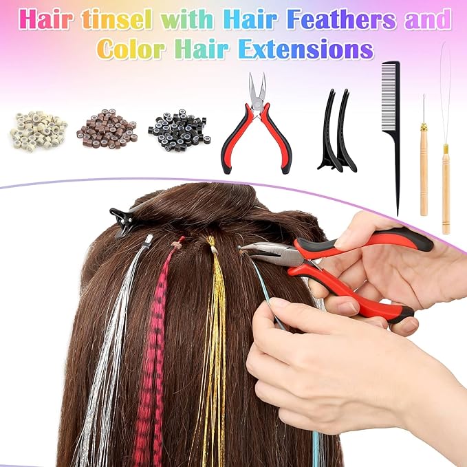 20 Colors Hair Tinsel with Hair Feathers & Colorful Hair Extensions, 48 Inch Sparkle Hair Glitter Strands with Colored Hair Feathers Extensions Kit for Women Girls Kids Party Festival