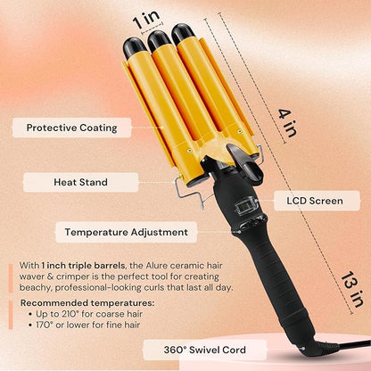 Alure Three Barrel Curling Iron Wand Hair Waver with LCD Temperature Display - 1 Inch Ceramic Tourmaline Triple Barrels, Dual Voltage Crimp (zGold)