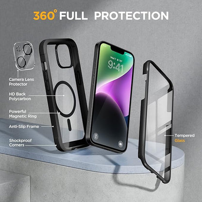 Miracase Glass Series Designed for iPhone 14 Plus Case 6.7 inch, 2023 Upgrade Full-Body Magnetic Clear Case with Built-in 9H Tempered Glass Screen Protector,Compatible with MagSafe,Black