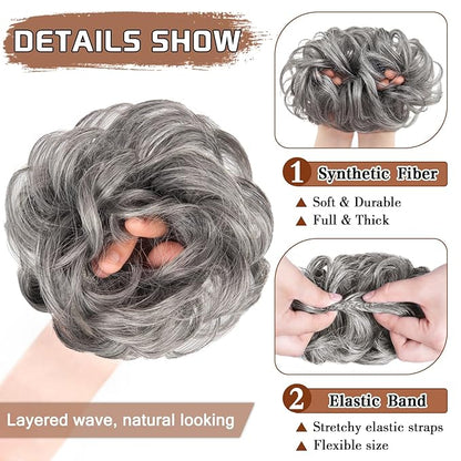 MORICA Messy Bun Hair Piece - Elastic Wavy Curly Hair Bun Scrunchies Extensions Synthetic Chignon Hairpieces for Women Girls（(Gray and White Tips)）