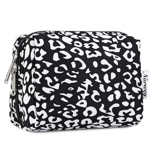 Narwey Small Cheetah Makeup Bag for Purse Mini Cosmetic Bag Travel Makeup Pouch Zipper Pouch Cute Make up Bags with Compartments for Women Girls (Black Leopard, Small)