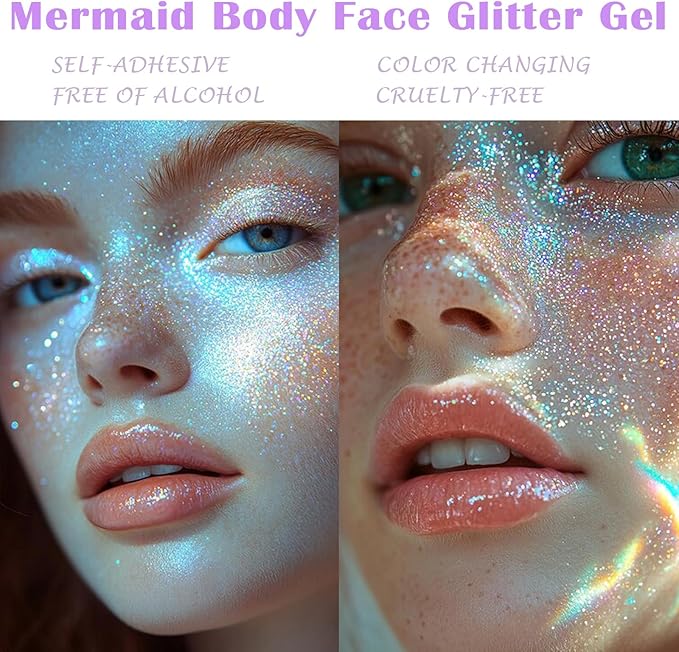 Light Purple Face Glitter Gel,Mermaid Body Glitter Gel,Singer Concerts Music Festival Rave Accessories,Self-Adhesive Sequins Glitter Body Hair Makeup,Sparkling Chunky for Women(Yellow) 50ML