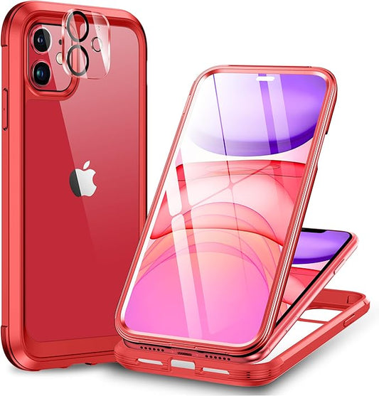 Miracase Glass Series Designed for iPhone 11 Case [2023 Upgraded] Full-Body Rugged Bumper Case with Built-in 9H Tempered Glass Screen Protector and Camera Protector (Red)