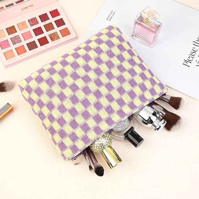 2 Pcs Checkered Makeup Bag Large Cosmetic Bag Toiletry Bag Makeup Pouch Travel Bag Organizer Cute Makeup Brushes Aesthetic Accessories Storage Bag for Women Purple