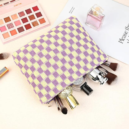 2 Pcs Checkered Makeup Bag Large Cosmetic Bag Toiletry Bag Makeup Pouch Travel Bag Organizer Cute Makeup Brushes Aesthetic Accessories Storage Bag for Women Purple