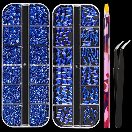 Multi Shapes Dark Blue 3D Glass Crystal Nail Art Rhinestones Kit with Flatback Round Bead Charm Gem Stone Jewelry Diamond with Pickup Pen + Tweezer for Manicure Makeup DIY Craft Decoration