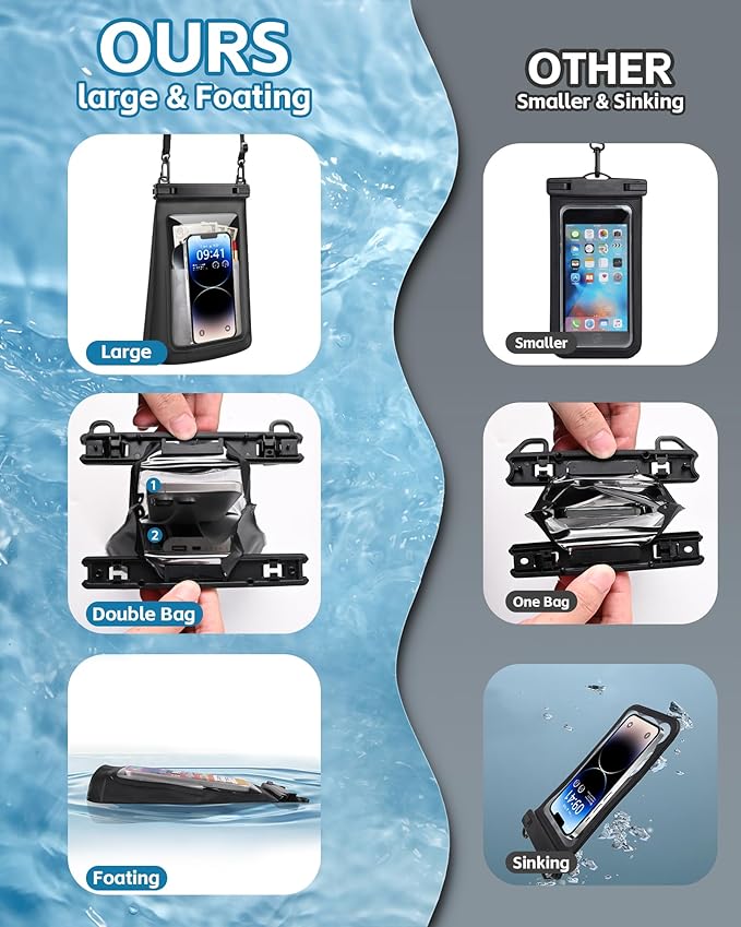 2L Large Waterproof Phone Pouch - [Oversized] [Floating] Waterproof Pouch for iPhone Galaxy Google and More, IPX8 Waterproof Dry Bag for Beach Vacation Belongings, Black