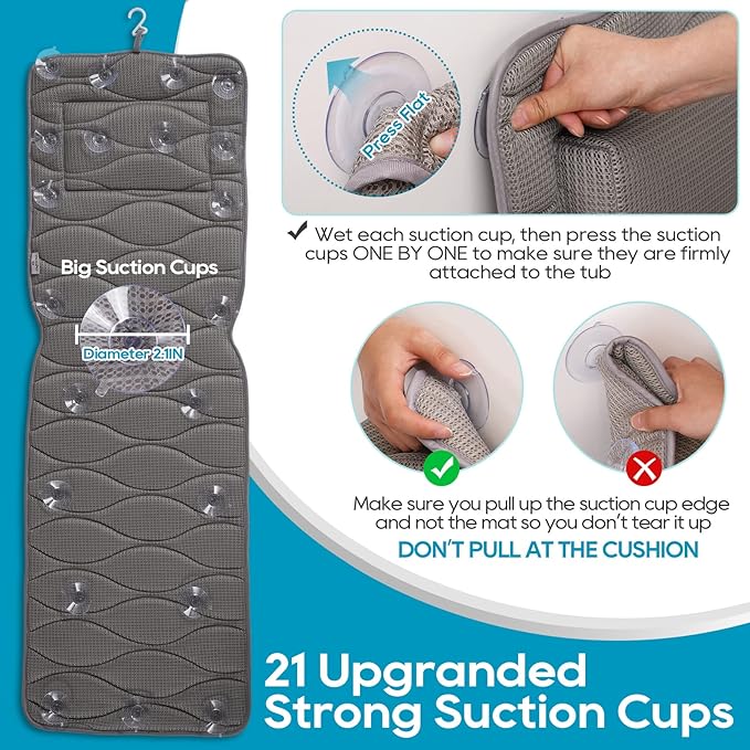 OMYSTYLE Full Body Bath Pillow, Bath Pillows for tub with Mesh Washing Bag & 21 Non-Slip Suction Cups, Spa Bathtub for Head Neck Shoulder and Back Support - 5D Air Mesh & Quick Drying | Gray