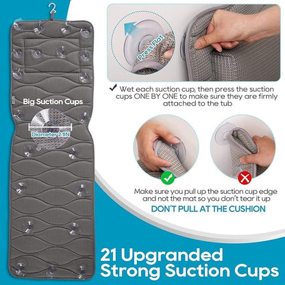 OMYSTYLE Full Body Bath Pillow, Bath Pillows for tub with Mesh Washing Bag & 21 Non-Slip Suction Cups, Spa Bathtub for Head Neck Shoulder and Back Support - 5D Air Mesh & Quick Drying | Gray