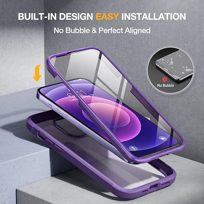 Miracase Glass Series for iPhone 12/12 Pro - Full-Body Rugged Protective Case with Built-in 9H Tempered Glass Screen Protector and Camera Lens Protector - Purple
