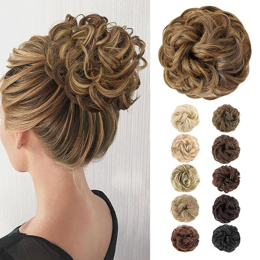 MORICA 1PCS Messy Hair Bun Hair Scrunchies Extension Curly Wavy Messy Bun Hair Synthetic Chignon Hairpieces for Women(6H27(Dark Brown & Caramel Blonde))