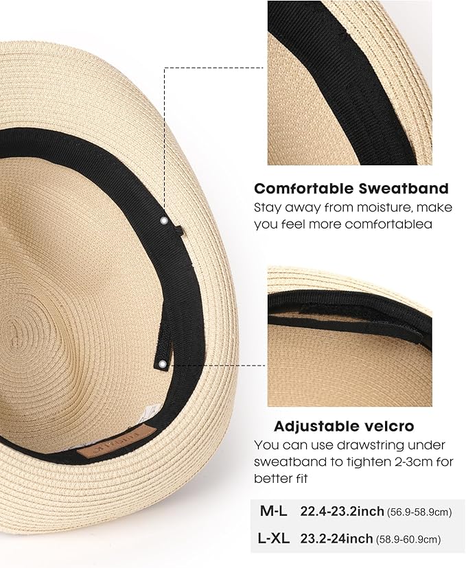 FURTALK Fedora Straw Sun Hat for Men Women Foldable Roll Up Short Brim Trilby Hat Panama Beach Hat UPF 80+