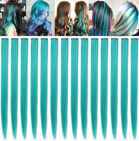 12 PCS Colored Hairpieces, Multi-colors Party Highlights Clip in Hair Heat-Resistant Synthetic Hair Extensions 20 Inch (Teal)