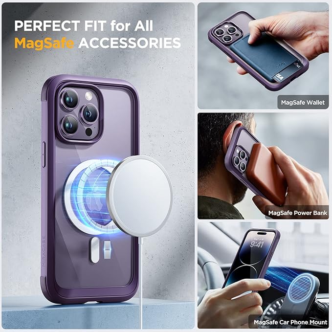 Miracase Magnetic for iPhone 14 Pro Case, [Compatible with MagSafe] [Built-in Tempered Glass Screen Protector] Full-Body Rugged Protective Case with Camera Lens Protector, Magnetic Dark Purple