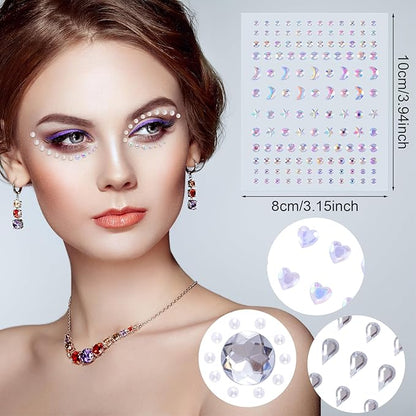 OIIKI 6 Sheets Face Gems - Heart Jewelry Eye Stickers, Acrylic Crystal Moon Face Eyes, Halloween Round Rhinestones Body Makeup Stickers, 6 Styles Jewels Tattoos for Women, Girls