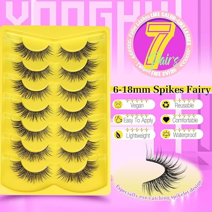 Natural Lashes Manga Eyelashes Cat Eye False Eyelashes Natural Look 18mm Anime Lashes Wispy Strip Lashes D-Curly Thin Band Unique Spikes 7 Pairs Fairy Mink Lashes Cosplay Fake Lashes