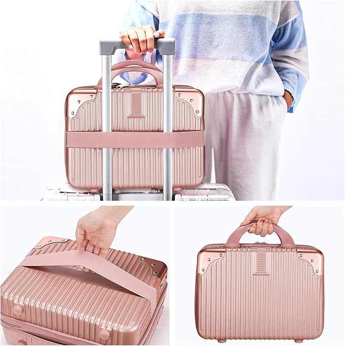 Noverlife 14 Inch Portable Makeup Travel Case Hand Luggage, Pressure-proof ABS Carrying Makeup Case Suitcase with Elastic Band, Small Hard Shell Cosmetic Case for Travel Camping Women Girl - Rose Gold