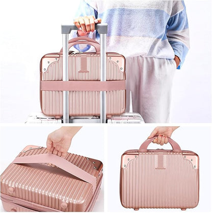 Noverlife 14 Inch Portable Makeup Travel Case Hand Luggage, Pressure-proof ABS Carrying Makeup Case Suitcase with Elastic Band, Small Hard Shell Cosmetic Case for Travel Camping Women Girl - Rose Gold