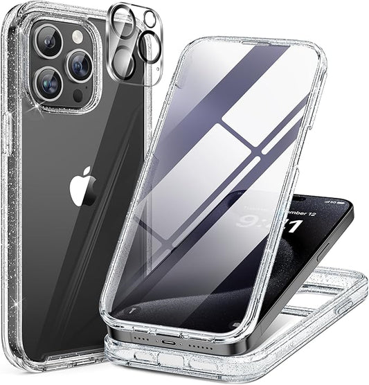 Miracase for iPhone 15 Pro Case Full-Body Built-in Glass Screen Protector& Camera Protector, Military Drop Proof 15 Pro Phone Cover 6.1 inch, Clear Glitter