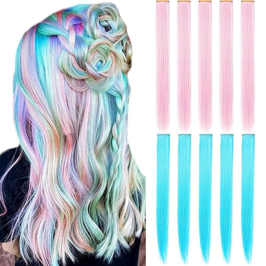 10 Pcs Colored Hair Extensions, Multi-colors Party Highlights Clip in Heat-Resistant Synthetic Hair Extensions 20 inch (Light Pink Sky Blue)
