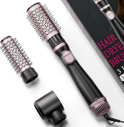 3-in-1 Rotating Hair Dryer Brush Blow Dryer with Interchangeable Heads, Hair Styling Tools for Straightening/Drying/Curling, Spinning Thermal Brush Blowout Set for Long Hair, Rose Gold