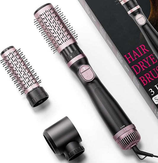 3-in-1 Rotating Hair Dryer Brush Blow Dryer with Interchangeable Heads, Hair Styling Tools for Straightening/Drying/Curling, Spinning Thermal Brush Blowout Set for Long Hair, Rose Gold