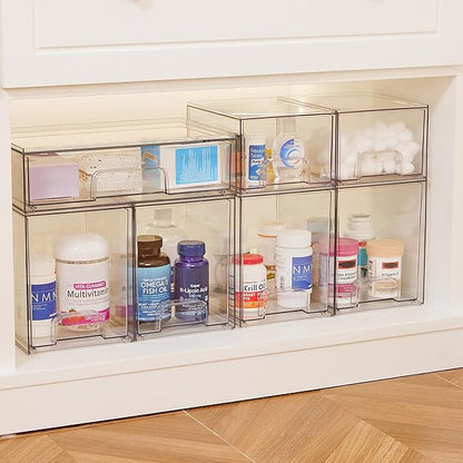 Vtopmart 7.6" H Clear Stackable Storage Drawers, 2 Pack Plastic Organizers Bins for Skincare, Cosmetics,Beauty Supplies,Ideal for Vanity, Bathroom,Kitchen Countertop,Cabinet Organization