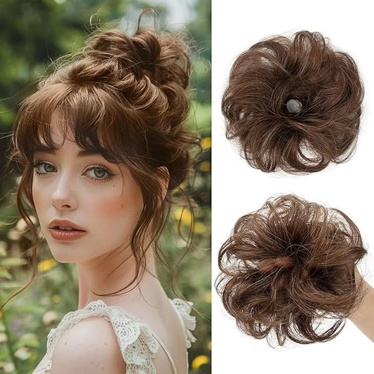 1 PCS Messy Bun Hair Piece Real Human Hair Thick Updo Wavy Curly Chignon Ponytail Hair Extensions Hair Bun Hairpieces for Women Girls (#04 Medium Brown)