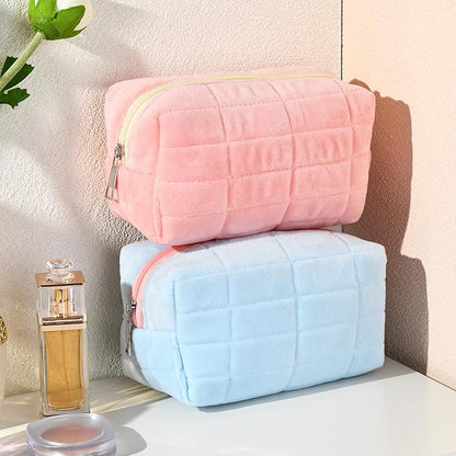 2 Pieces Makeup Bag Cute Cosmetic Bag Plush Pink Blue Checkered Makeup Pouch Coquette Travel Toiletry Bag Organizer Fluffy Makeup Brushes Puffy Storage Bag for Women