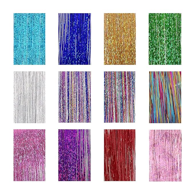 19 Inch Tinsel Hair Extensions 12 Colors Glitter Hair Extension Clip in Gold Sparkling Fairy Hair Tinsel Kit Shiny Highlights Colorful Heat Resistant Hair Accessories for Girls Xmas New Year Party