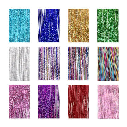 19 Inch Tinsel Hair Extensions 12 Colors Glitter Hair Extension Clip in Gold Sparkling Fairy Hair Tinsel Kit Shiny Highlights Colorful Heat Resistant Hair Accessories for Girls Xmas New Year Party