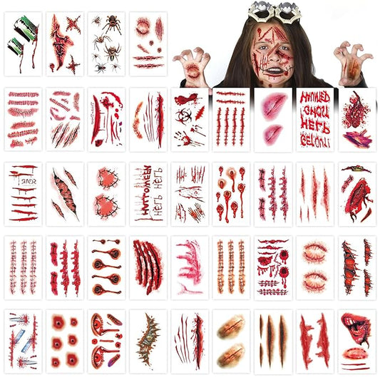 265 PCS 40 Sheets Fake Scars Temporary Tattoos, Horror Realistic Wound Stitch Face Body Makeup Zombie Sticker, Cosplay Masquerade Prank Scary Halloween Party for Kid Women Men Boys Girls