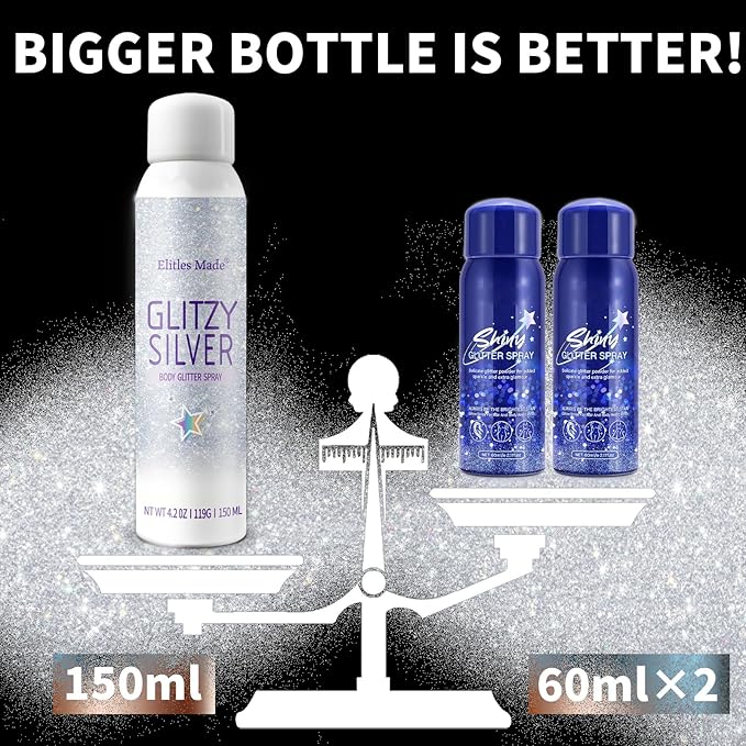 Body Glitte Spray, 150ML Silver Glitter Spray for Hair and Body, Long-Lasting and Quick-Drying Glitter Hairspray for Kids Women, Body Shimmer Festival Rave and Makeup 4.2 Fl Oz