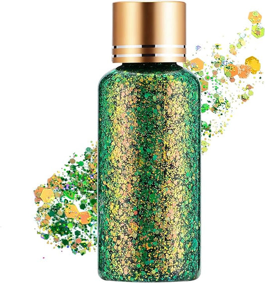 Holographic Body Glitter Gel for Face, Body, Nail, Super Long Lasting Waterproof Quick Dry Liquid Chunky Green Glitter for St. Patrick's Day Makeup Accessories, 1oz (Brass Green)